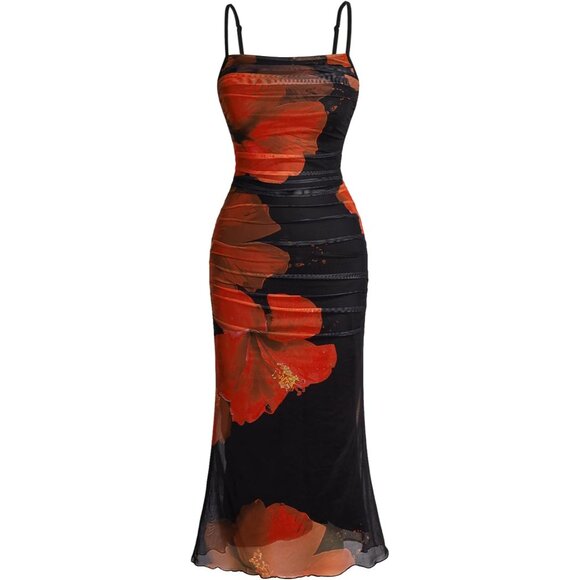 Women Floral Ruched Fishtail Bodycon Midi Dress Mesh Sleeveless Cami Party  Weddi